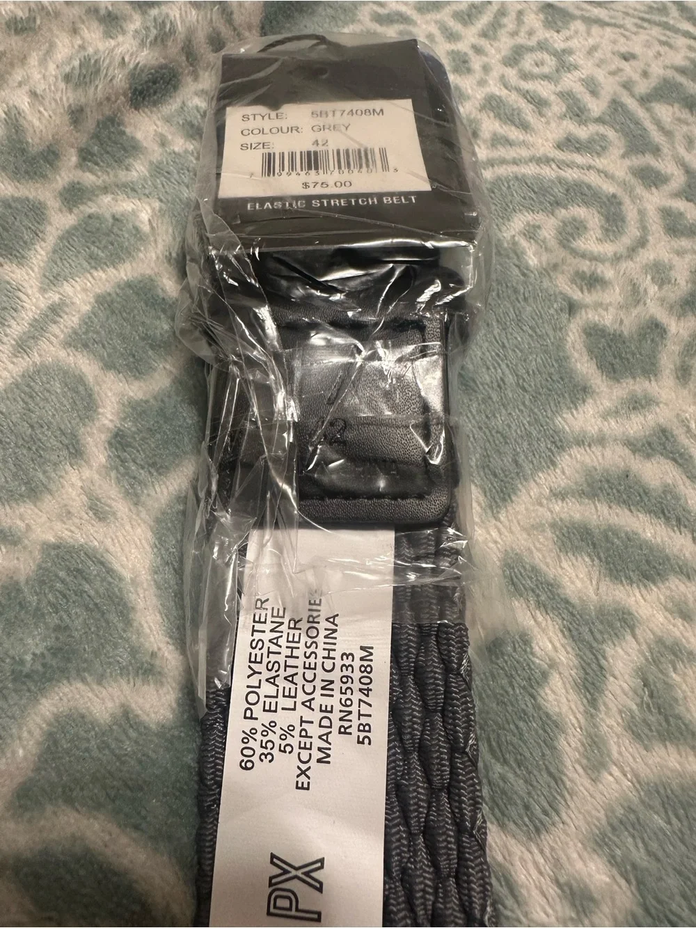 NWT PX Men’s Size 42 Grey Woven Stretch Belt Leather Trim Adjustable